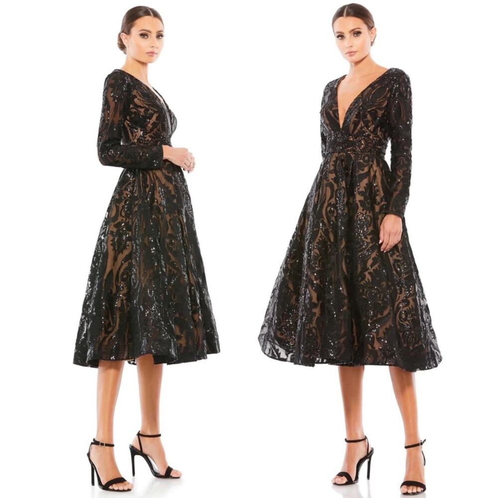MAC DUGGAL 67529 Sequin Embellished A-Line Cocktail Dress Midi Black Size 14 NEW